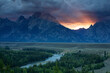 © Tandem Stock - Scenic landscape image of sunset at Snake River Overlook in Grand Teton National Park, Wyoming.