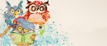 Three Owls. Watercolor Education Concept.
