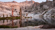 © Tandem Stock - Sunset on Pear Lake, a pretty glacier-fed lake along the Lakes Trail of the southern Sierra Nevada, with Alta Peak rising in the background. Sequoia National Park, California, United States.