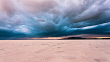 Between Storms During Sunset On The Bonneville Salt Flats In Utah.