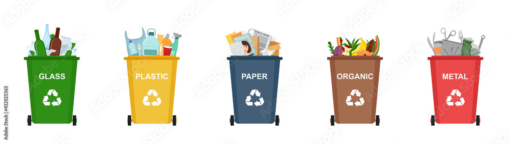Set of garbage bins for recycling different types of waste. Sorting and recycling waste, vector illustration - obrazy, fototapety, plakaty 