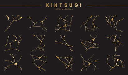 Set of gold kintsugi vector patterns. Japanese art of repairing broken pottery. Vector broken and cracks for home prints, posters, wallpapers. Golden material of kintsugi restoration technique.