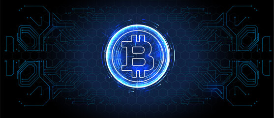 Poster - Forex, stock market trading chart vector banner; business finance abstract background. Crypto Currency Bitcoin On Blue Background Digital Web Money Modern Technology Banner