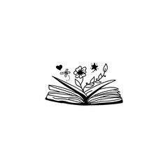 Rejected book with flowers and stars. Vector illustration in doodle style. Isolated on white background.