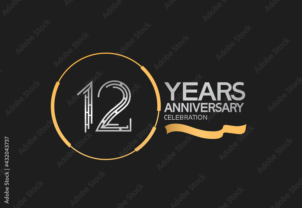 12 years anniversary logotype style with silver and gold color, ring and ribbon. vector can be use for template, company special event and celebration moment - obrazy, fototapety, plakaty 