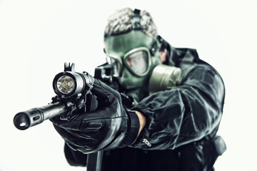 Man with Automatic Rifle wearing Gas mask 