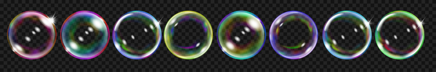 Poster - set of several translucent colored soap bubbles for use on dark background. transparency only in vec