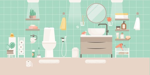 Interior of a light modern toilet. Modern sink table, mirror and bath towels flat vector illustration. Empty bath room