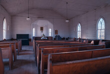 Disused Historic Sanctuary Interior With Wood Pews - Abandoned Hills Chapel - West Virginia