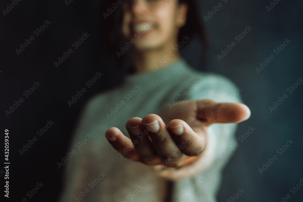 Woman giving hands to the camera, help and self help concept, mental health - obrazy, fototapety, plakaty 