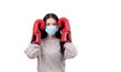 © PK Studio - Asian beautiful happy young woman wearing mask protection and boxing gloves her get ready for Coronavirus fighting against, with copy space