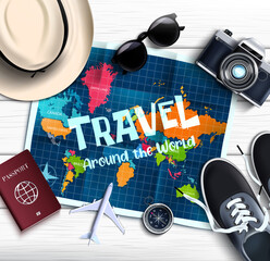 Wall Mural - travel around the world vector design. travel around the world text with trip and tour elements like