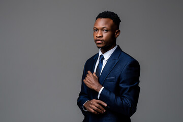 Portrait of young handsome African man wearing formal business suit looking at camera isolated on studio gray background