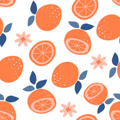 Wall Mural - vector illustration seamless repeating pattern with hand drawn oranges and flowers. tropical summer background for printing on fabric, wrapping paper