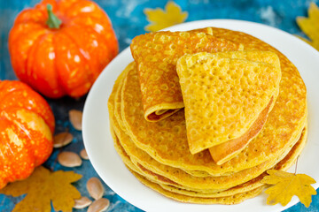 Canvas Print - Pumpkin pancakes , stack of delicious pumpkin pancakes on white plate