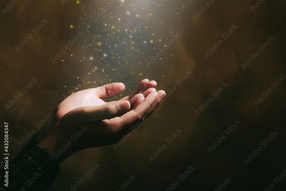 Human hands open palm up worship with faith in religion and belief in God on blessing background.Christian Religion concept background. - obrazy, fototapety, plakaty 