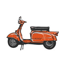 Old Red Scooter, Vector Emblem, Hand Graphics