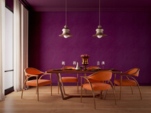 Dining Room Design With Purple Wall,orange Chairs,table,lamp And Wooden Floor.3d Rendering