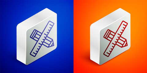 Sticker - Isometric line Crossed ruler and pencil icon isolated on blue and orange background. Straightedge symbol. Drawing and educational tools. Silver square button. Vector