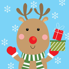 Sticker - cute reindeer christmas greeting card on blue color background