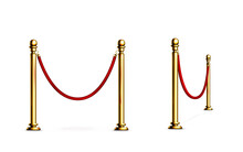 Barrier With Rope And Gold Poles, Fence For Red Carpet Or Vip Event, Museum Or Gallery Stanchion, Night Club Entrance Security Fencing Isolated On White Background, Realistic 3d Vector Illustration