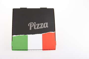 Black cardboard pizza box to take with Italian flag on lid