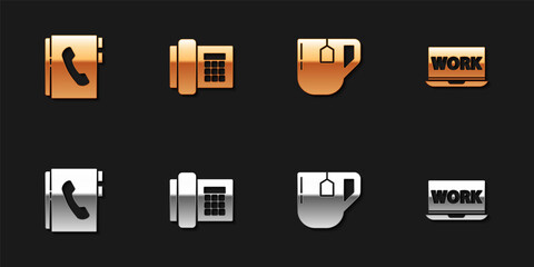 Poster - Set Address book, Telephone, Cup of tea with tea bag and Laptop text work icon. Vector