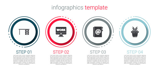Poster - Set Office desk, Monitor with text work, Address book and Plant in pot. Business infographic template. Vector