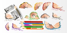 Realistic Pencils. 3D Colored School Stationery With Sharpener And Shavings. Sharpened Pencils Of Various Lengths With A Rubber, A Sharpener, Pencil Shavings And A Graphite Isolated On White