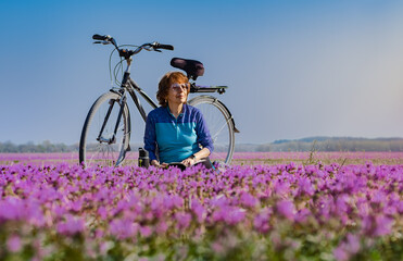 Older woman bicyclist enjoying nature while sitting in field of colorful purple wildflowers; bicycle behind her; blue sky in background; spring in Missouri, USA