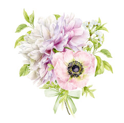 Watercolour illustration. A beautiful delicate bouquet with a peony, anemone and a sprig of cherry.