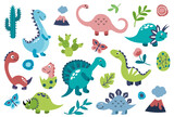 Fototapeta Pokój dzieciecy - Set of cute hand drawn dinosaurs. White background, isolate. Vector illustration. Flat style.