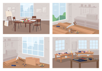 Poster - Art and craft workshops flat color vector illustration set. Learn new hobby. Florist shop. Carpentry, woodworking. Classroom 2D cartoon interior with no people on background collection
