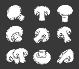 Wall Mural - Glyph champignon mushrooms white on black vector icon. Whole champignon and slices for retro vintage style menu design, flyer, wrapping.