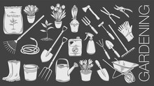 Gardening Tools And Plants Or Flowers Glyph Icons. White On Black Linocut Vector Of Rubber Boots, Seedling, Tulips, Gardening Can And Cutter. Fertilizer, Insecticide, Wheelbarrow And Watering Hose.