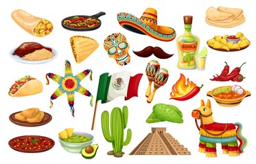 mexico icons carnival cinco de mayo vector, mexican cuisine, traditional holiday fiesta food and fes