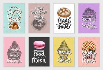 Poster - Set of 8 advertising and inspirational baked food and eating lettering posters, decoration, prints, packaging design. Hand drawn typography with sketches. Handwritten lettering. Mono line calligraphy.