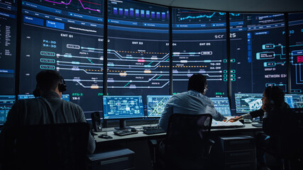 Aufkleber - Professional IT Technical Support Specialists and Software Programmer Working on Computers in Monitoring Control Room with Digital Screens with Server Data, Blockchain Network and Surveillance Maps. 