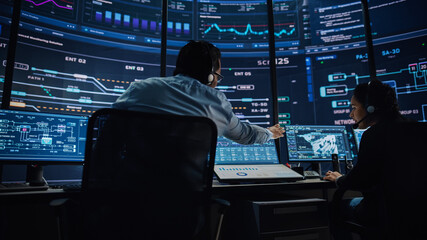 Aufkleber - Professional IT Technical Support Specialists and Software Programmer Working on Computers in Monitoring Control Room with Digital Screens with Server Data, Blockchain Network and Surveillance Maps. 
