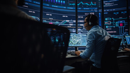 Fototapete - Professional IT Technical Support Specialists and Software Programmer Working on Computers in Monitoring Control Room with Digital Screens with Server Data, Blockchain Network and Surveillance Maps. 
