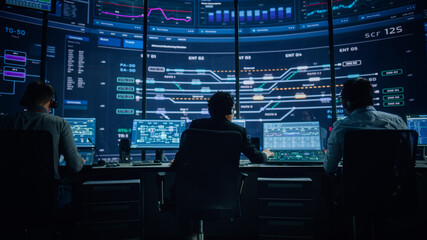 Aufkleber - Professional IT Technical Support Specialists and Software Programmer Working on Computers in Monitoring Control Room with Digital Screens with Server Data, Blockchain Network and Surveillance Maps. 