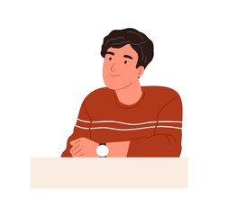 Wall Mural - Happy curious person with interested face looking at smth, sitting behind desk and thinking. Smiling friendly man listening attentively. Colored flat vector illustration isolated on white background