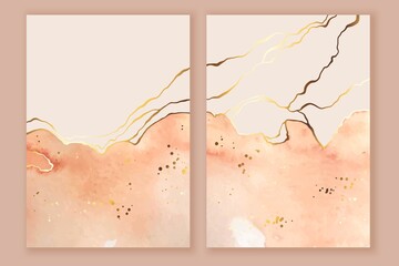 Wall Mural - Set of cards, backgrounds with watercolor, ink wash in warm colors. Golden lines, splatters.
