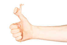 Weird Thumb Up Of Man`s Hand Isolated On White Background With Clipping Path