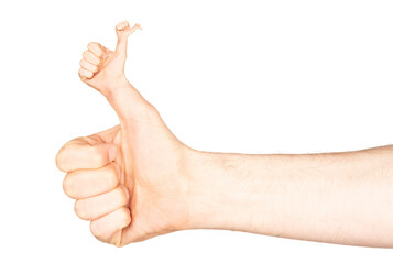 Weird thumb up of man`s hand isolated on white background with clipping path