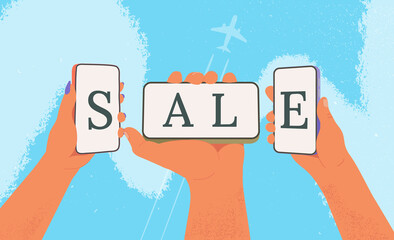 Three hands holding phones with sale word vector banner. Summer special offer save in online shopping flat arms in the sky