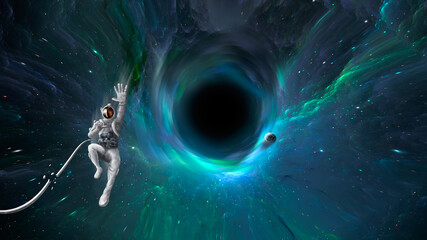 Wall Mural - space background. astronaut falling into colorful nebula fractal tunnel, black hole with planet. ele