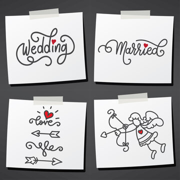Set of sticky notes with hand drawn stick figure and lettering. Wedding theme. Vector illustration