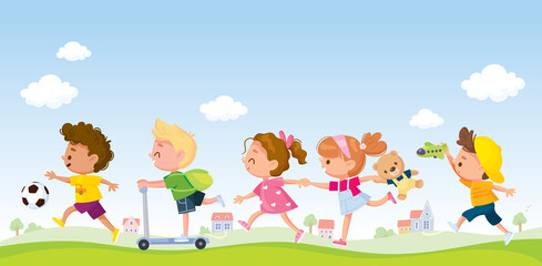 children running one after another by pathway. kids rush somewhere in group in line with toys and pl