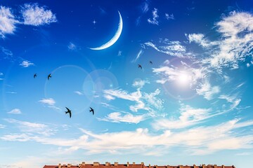 Wall Mural - crescent in bright sky, ramadan background .
